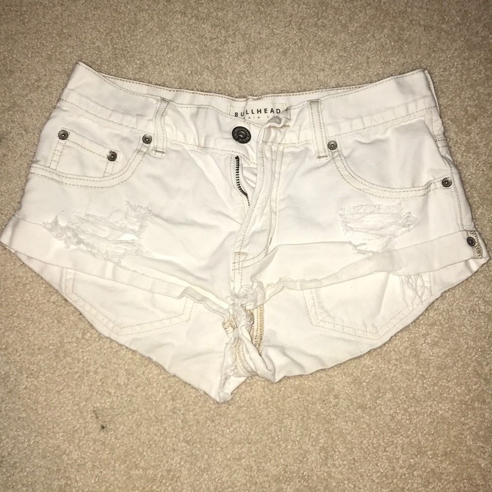All white bullhead denim shorts